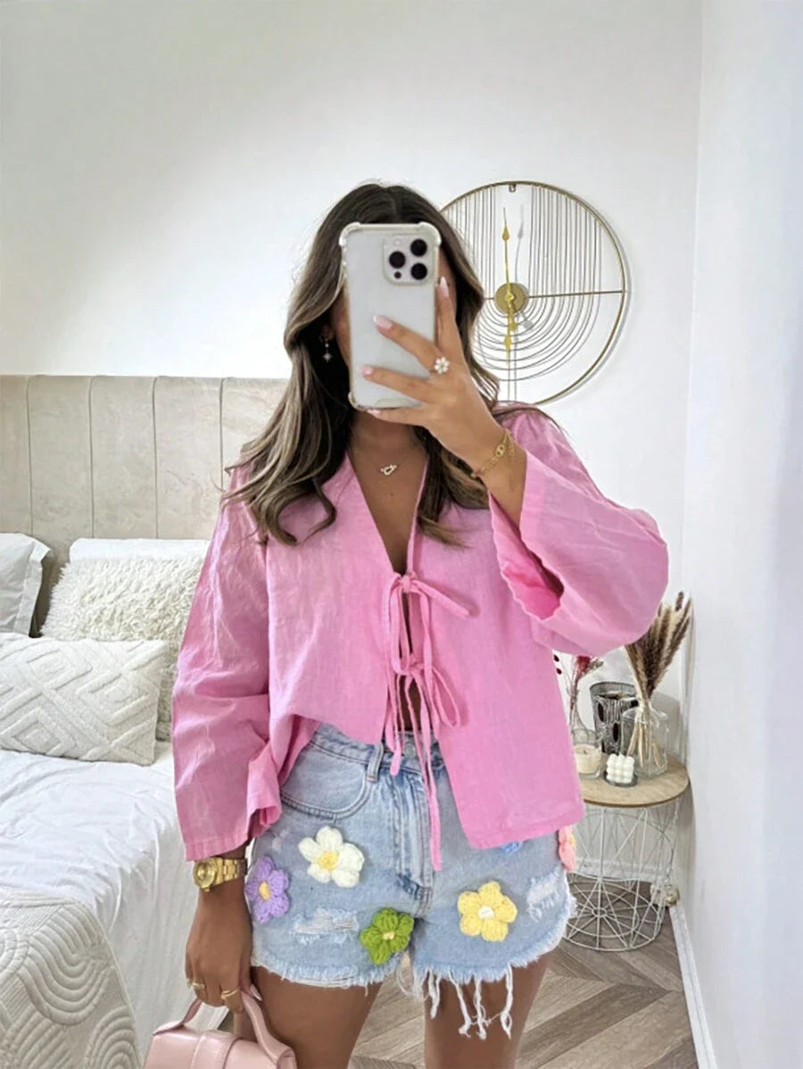 INAWLY | BLOUSE CASUAL À COL LIÉ ET MANCHES FLARE