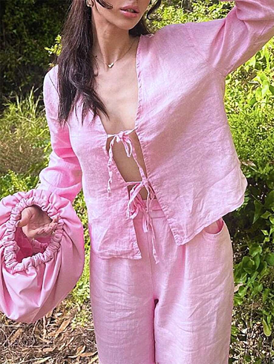 INAWLY | BLOUSE CASUAL À COL LIÉ ET MANCHES FLARE