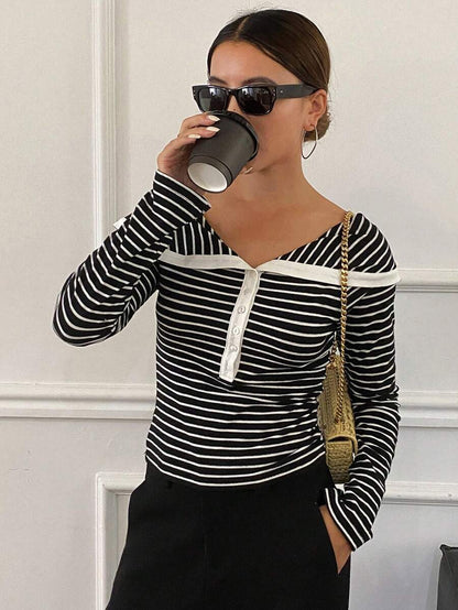 LIVESSO | T-SHIRT RAYÉ V-COL MANCHES LONGUES SLIM FIT