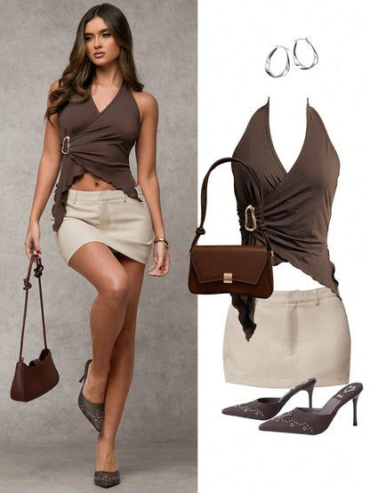 YENKYE | TANK TOP ASYMÉTRIQUE À BOUCLE MÉTALLIQUE