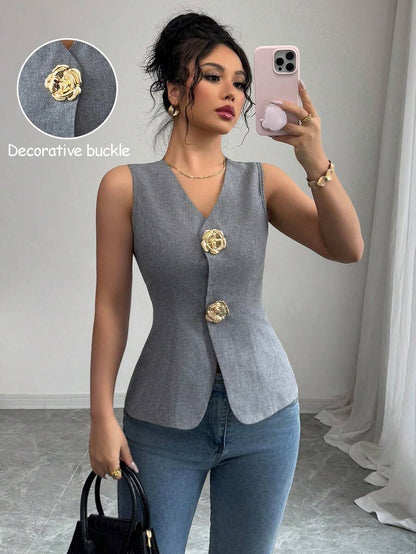 RAFFERIZA | TOP COL V ROSE DORÉ BOUTONS