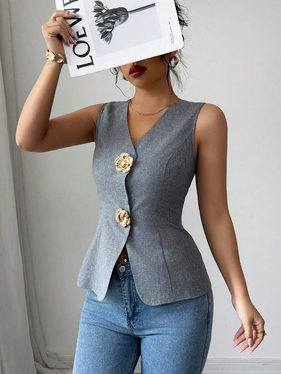 RAFFERIZA | TOP COL V ROSE DORÉ BOUTONS