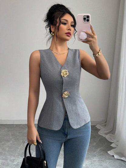 RAFFERIZA | TOP COL V ROSE DORÉ BOUTONS