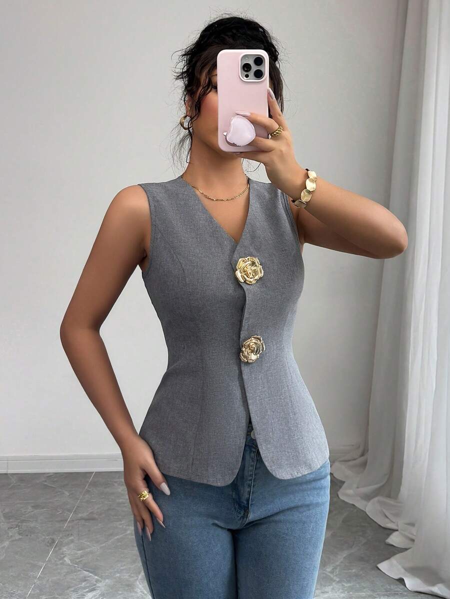 RAFFERIZA | TOP COL V ROSE DORÉ BOUTONS