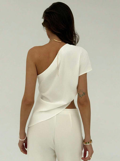 ALORUH | BLOUSE SOLIDE TEXTURÉE HEM ASYMÉTRIQUE